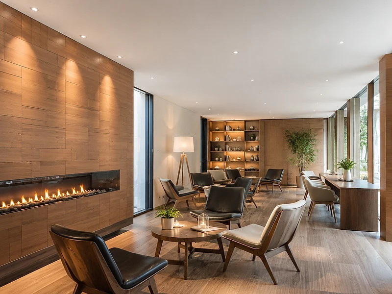 Plafond tendu salon cheminée bois