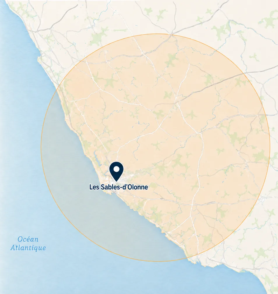 Carte de la zone d'intervention DEFI RENO pour la menuiserie sur-mesure autour des Sables-d'Olonne, en Vendée, dans un rayon d'environ 30 km.
